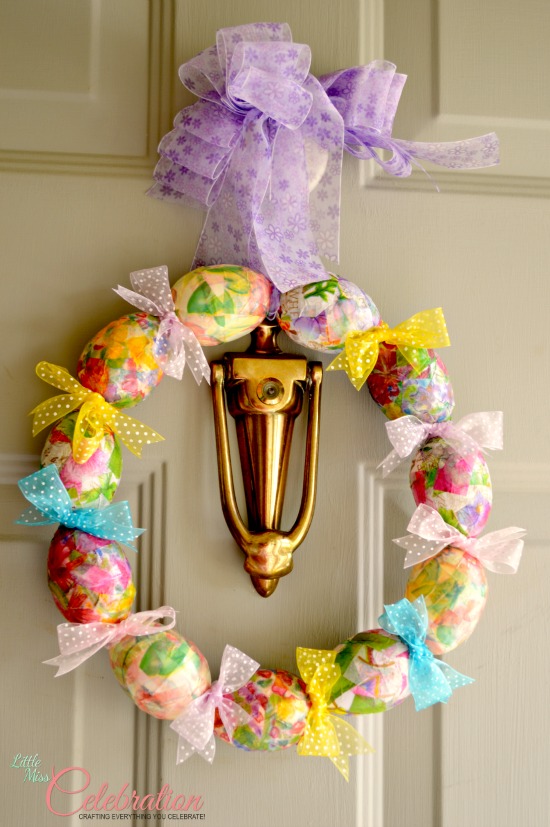 Egg and Ribbon wreath at littlemisscelebration.com Egg and Ribbon wreath at littlemisscelebration.com