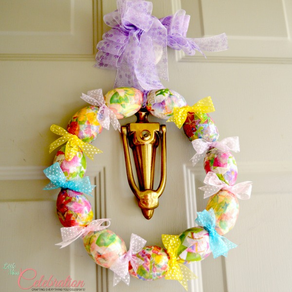 Egg & Ribbon wreath at littlemisscelebration.com A square photo of egg & ribbon wreath
