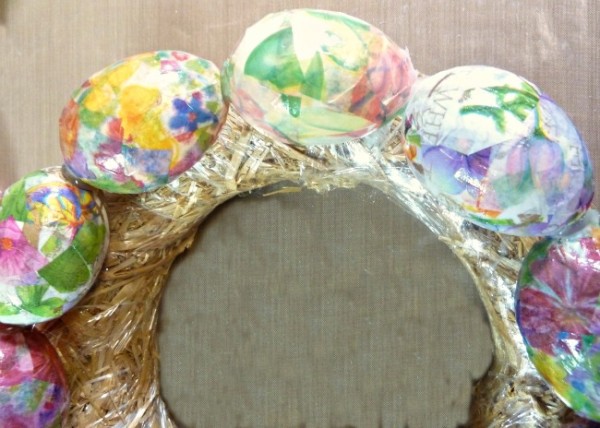 Glue Mod Podged eggs together for "wreathless" egg and ribbon wreath at litlemisscelebration.com Glue Mod Podged eggs together for "wreathless" egg and ribbon wreath