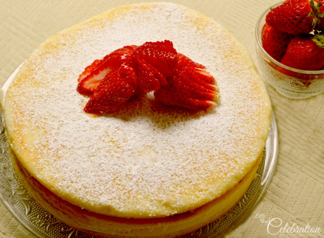 Classic Sponge Cake with Strawberry Preserves - perfect for a tea party or afternoon treat! At Little Miss Celebration @Cindy Eikenberg Classic Sponge Cake with Strawberry Preserves - perfect for a tea party or afternoon treat! At Little Miss Celebration @Cindy Eikenberg