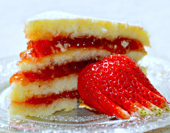 Classic Sponge Cake with Strawberry Preserves - perfect for a tea party or afternoon treat! At Little Miss Celebration @Cindy Eikenberg Classic Sponge Cake with Strawberry Preserves - perfect for a tea party or afternoon treat! At Little Miss Celebration @Cindy Eikenberg