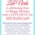 $250 Paypal Cash Giveaway celebrating the 1st Bloggy Birthday of The Love Nerds! at littlemisscelebration.com