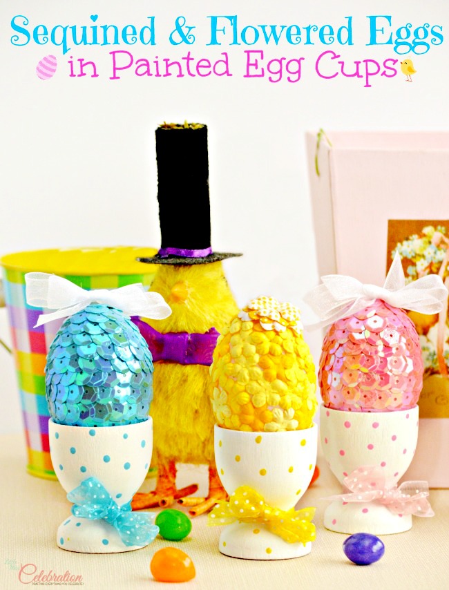 Sequined & Flowered Eggs in Painted Egg Cups