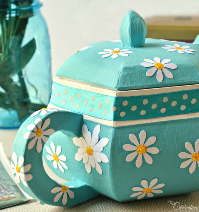Paper Mache Teapot Box for Mom - fill with tea, a gift card, flowers or more! A special treasure box for Mom from littlemisscelebration.com
