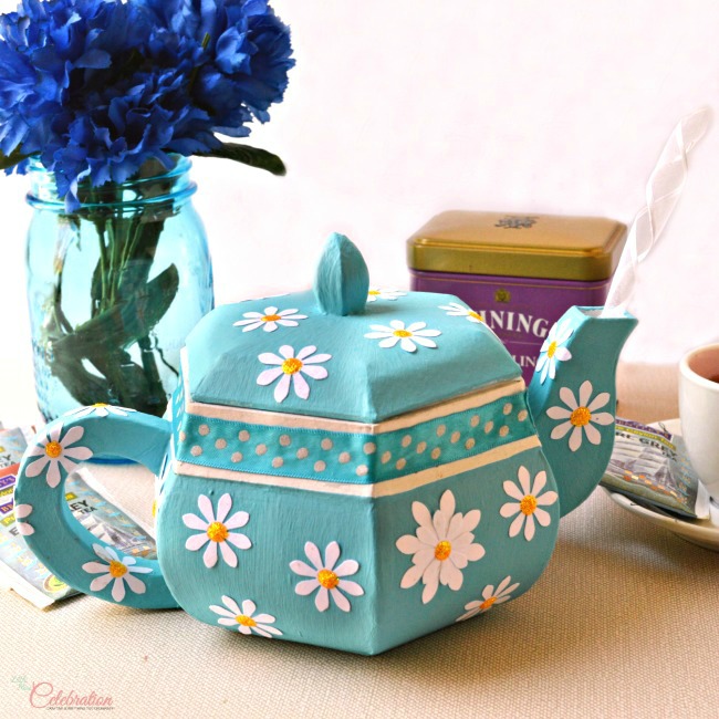 Paper Mache Teapot Box for Mom - fill with tea, a gift card, flowers or more! A special treasure box for Mom from littlemisscelebration.com