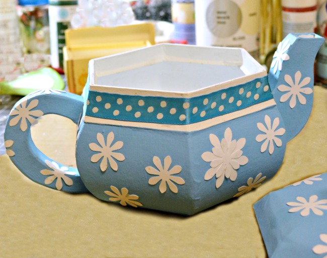Paper Mache Teapot Box for Mom - fill with tea, a gift card, flowers or more! A special treasure box for Mom from littlemisscelebration.com