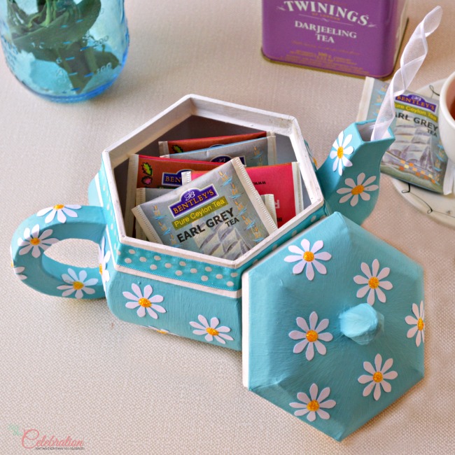 Paper Mache Teapot Box for Mom - fill with tea, a gift card, flowers or more! A special treasure box for Mom from littlemisscelebration.com