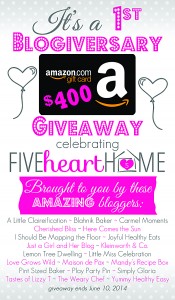 Enter to win a $400 Amazon Gift Card in celebration of the the 1st Blogiversary of Five Heart Home! at littlemisscelebration.com
