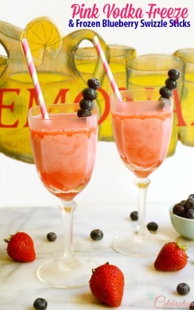 Pink Vodka Freeze with Frozen Blueberry Swizzle Sticks is a fast, frosty, sweet-tart adult drink, perfect for end-of-summer entertaining! Omit vodka for a family-friendly version. At littlemisscelebration