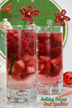 Holiday Frozen Fruit Sparkler is an easy, festive family-friendly drink that you can put together in no time! Create some simple tinsel stem "poinsettia" drink stirrers for extra holiday cheer! At littlemisscelebration