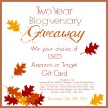 Enter to win choice of a $500 Amazon or Target e-Gift Card in the Two Year Blogiversary Giveaway at littlemisscelebration.com