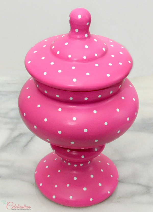 Give a glass apothecary jar a pop of personality with a little paint & polka dots! At littlemisscelebration.com #multisurface #decoartprojects 