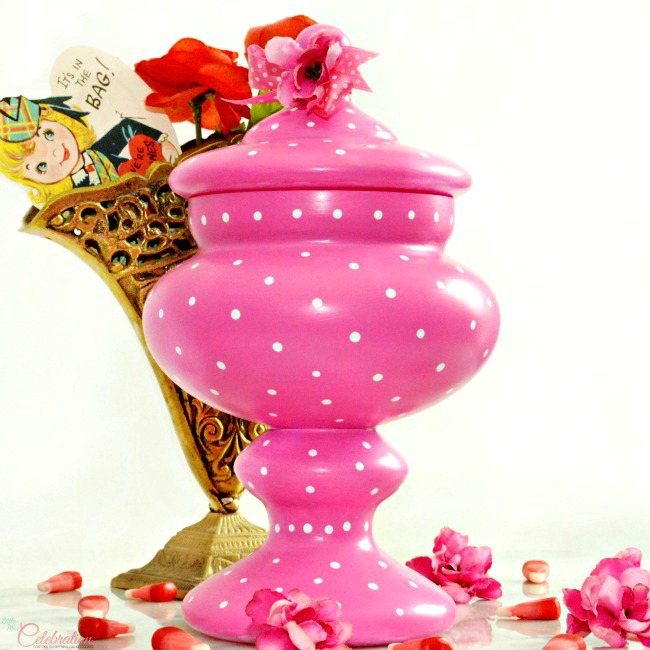 Give a glass apothecary jar a pop of personality with a little paint & polka dots! At littlemisscelebration.com #multisurface #decoartprojects 