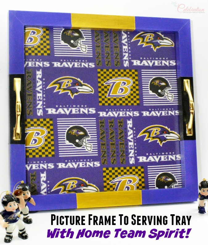 Turn an old picture frame into a fun football tray that celebrates your home team spirit! Great DIY gift idea for the football lover! At littlemisscelebration.com