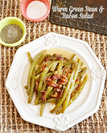 Bacon and a simple dressing turn plain green beans into flavorful Warm Green Bean & Bacon Salad that the family will love! Great cold in the summer, too! at littlemisscelebration.com