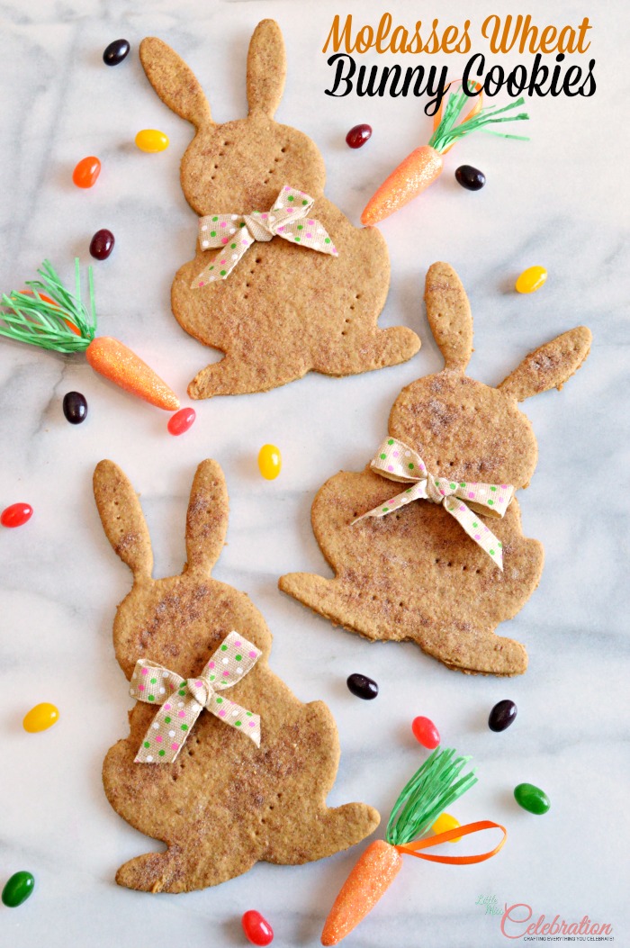 Molasses, brown sugar and whole wheat flour create delicious dough topped with cinnamon and brown sugar. These Molasses Wheat Bunny Cookies make a fun Easter treat but cut these cookies into different shapes all year long - kids love them! Recipe at littlemisscelebration.com