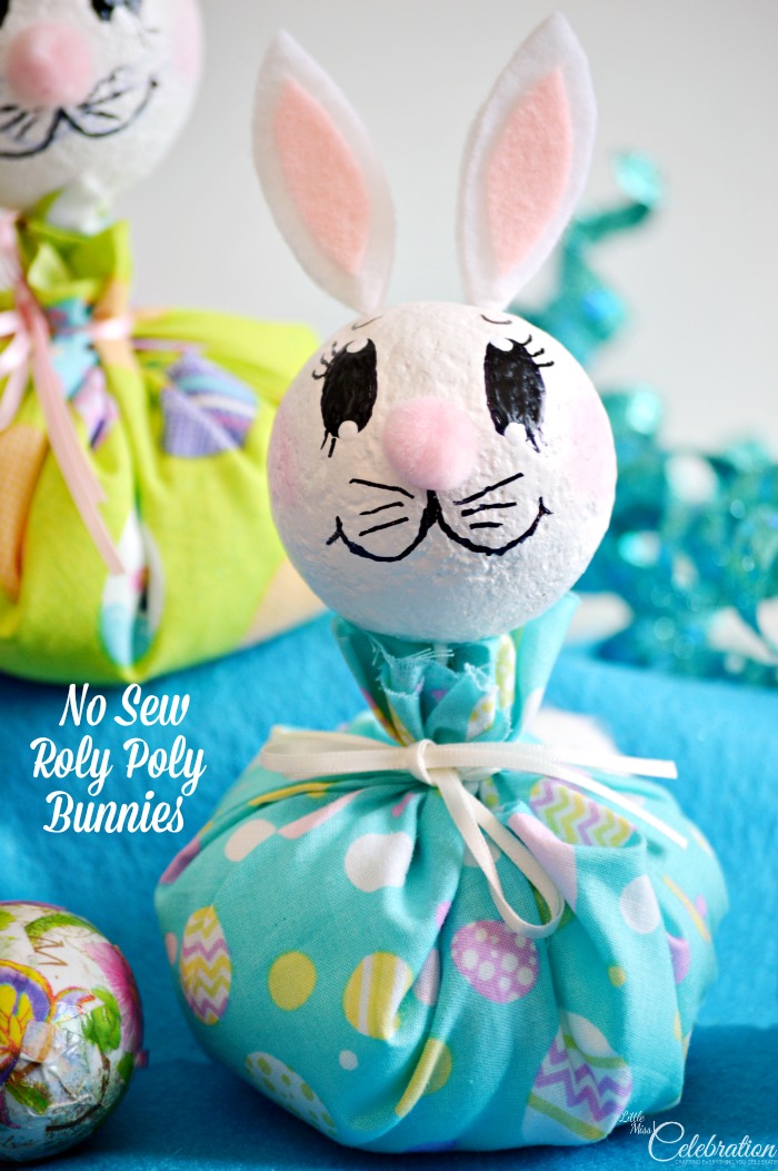 With some fabric, felt and Styrofoam balls, it's easy to create some cute roly poly bunnies for Easter! No sewing needed! From littlemisscelebration.com With some fabric, felt and Styrofoam balls, it's easy to create some cute roly poly bunnies for Easter! No sewing needed! From littlemisscelebration.com