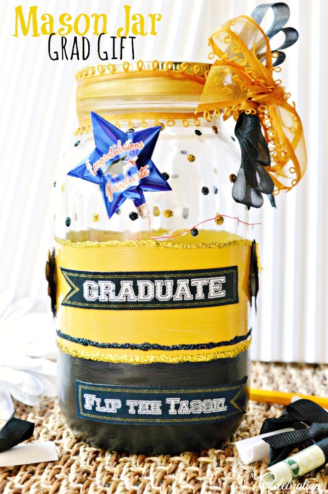 Celebrate the grad with a Mason Jar Grad Gift in their school colors! Fill with messages and $$ rolled & tied like diplomas. A fun gift! At littlemisscelebration