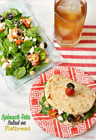 Spinach Feta Salad on Flatbread makes a delicious, make-ahead lunch that's satisfying and delicious! Portion salad & dressing, store each separately and you're lunchtime ready! At littlemisscelebration.com