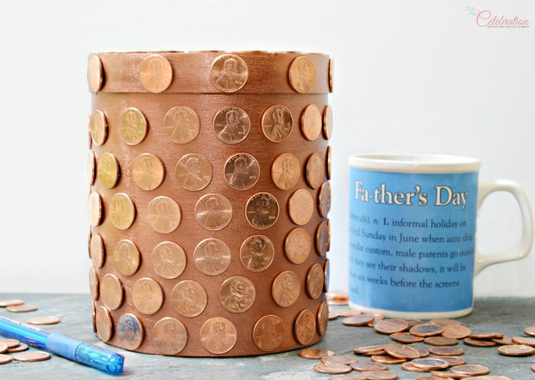 Gather up a pile of shiny pennies and make a Penny Box for Dad! It's a fun place for him to stash his change and perfect for Father's Day! at littlemisscelebration.com