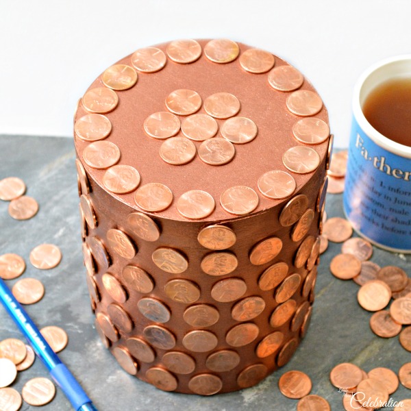 Gather up a pile of shiny pennies and make a Penny Box for Dad! It's a fun place for him to stash his change and perfect for Father's Day! at littlemisscelebration.com