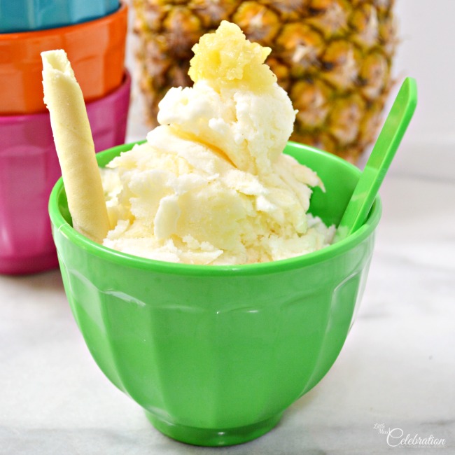 Adapted from a vintage recipe, this Pineapple Sherbet is a bit like frozen custard and so easy to make! No machine needed! Recipe at littlemisscelebration.com