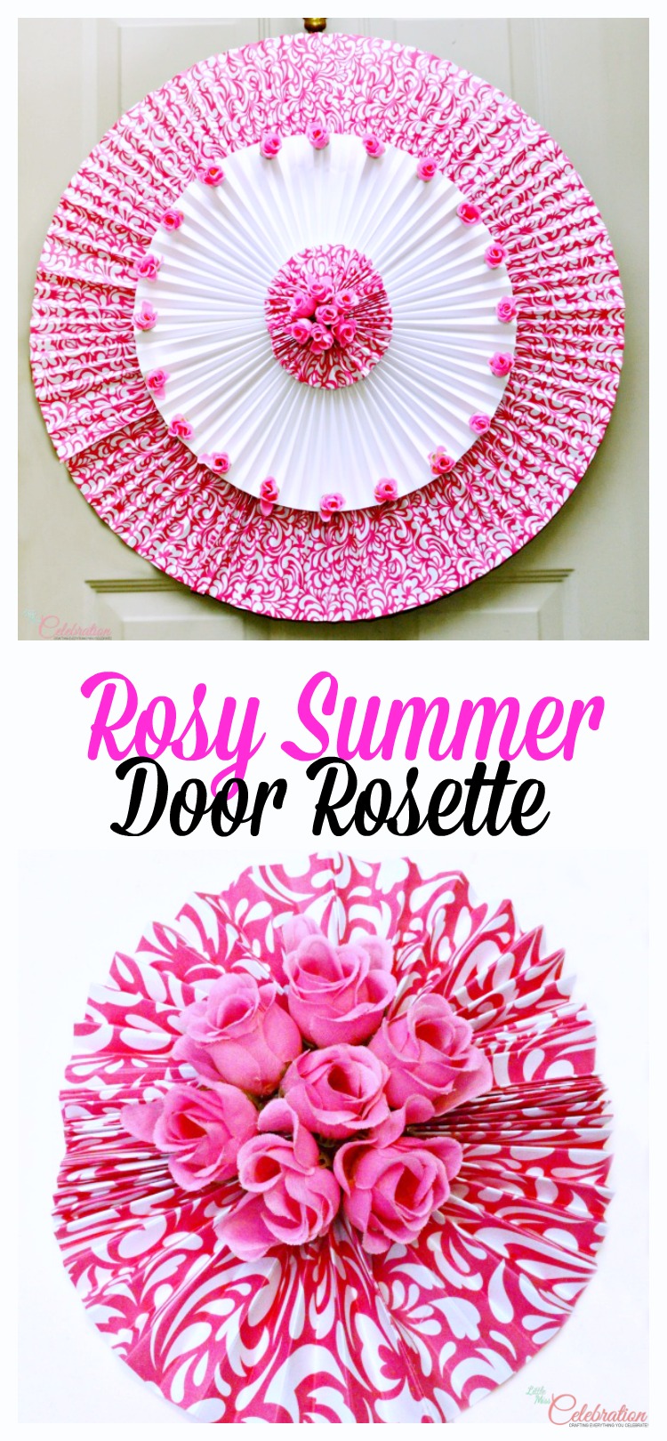 It's easy to make a big, happy Rosy Summer Door Rosette for a covered front door or wall - no pruning required! At littlemisscelebration.com It's easy to make a big, happy Rosy Summer Door Rosette for a covered front door or wall - no pruning required! At littlemisscelebration.com