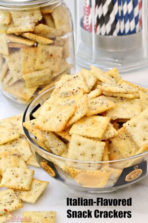 It's easy to turn Mini Saltiines into Italian-Flavored Snack Crackers! This addicting, savory morsels pop with flavors of basil, garlic & parmesan cheese. littlemisscelebration.com