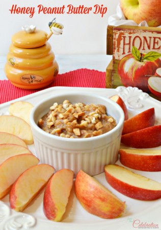 Too easy to be so delicious! Honey Peanut Butter Dip, with spices & crunch, goes perfectly with apples, celery & more! Recipe at littlemisscelebration.com