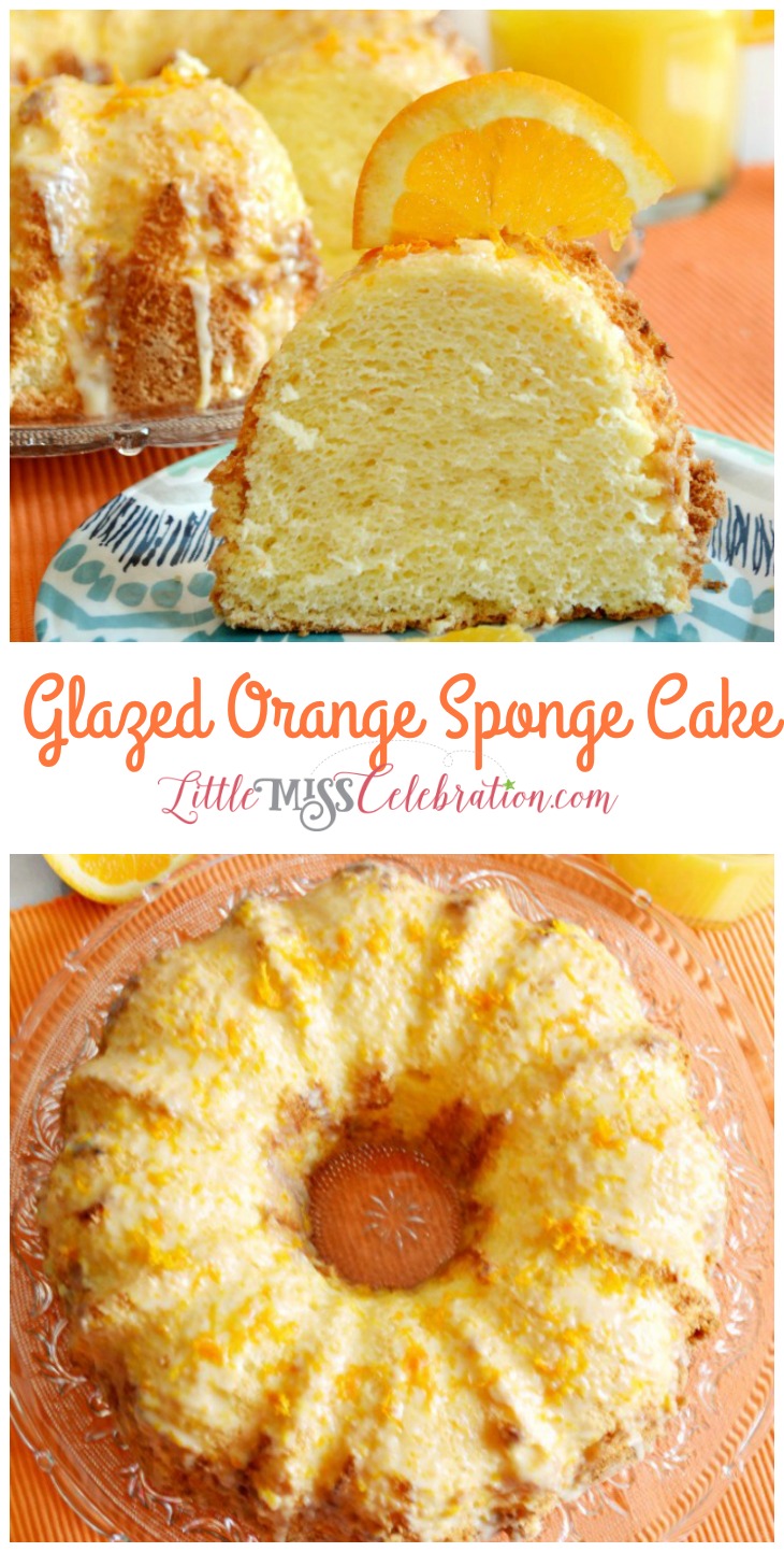 Perfect for a celebration or to brighten a dark day, Glazed Orange Sponge Cake is light-as-air & delicious! Recipe at littlemisscelebration.com