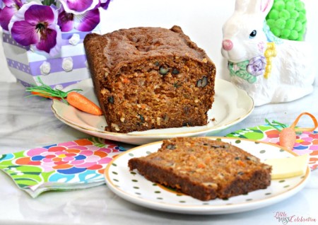 Chock full of grated carrot, walnuts, coconut & golden raisins, easy Carrot Walnut bread is blissfully delicious! Keeps up to 2 weeks in the fridge! Recipe at littlemisscelebration.com