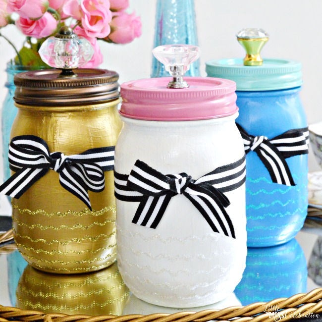 Make Mom an easy, glamorous gift! SO pretty Paint & Sparkle Mason Vanity Jars are a pretty place to stash beauty supplies or treasures! From littlemisscelebration.com for PinkWhen