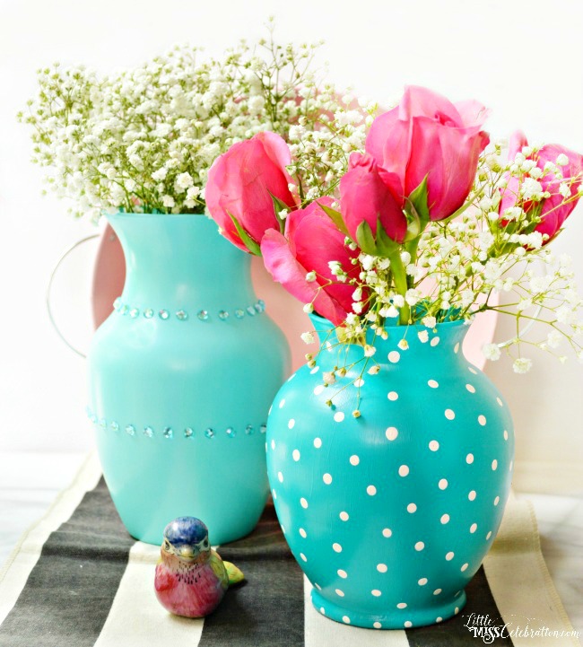 Give your glass vases an easy, stylish makeover with paint and sparkle! Even without blooms, they'll be pretty pieces to add to your decor!