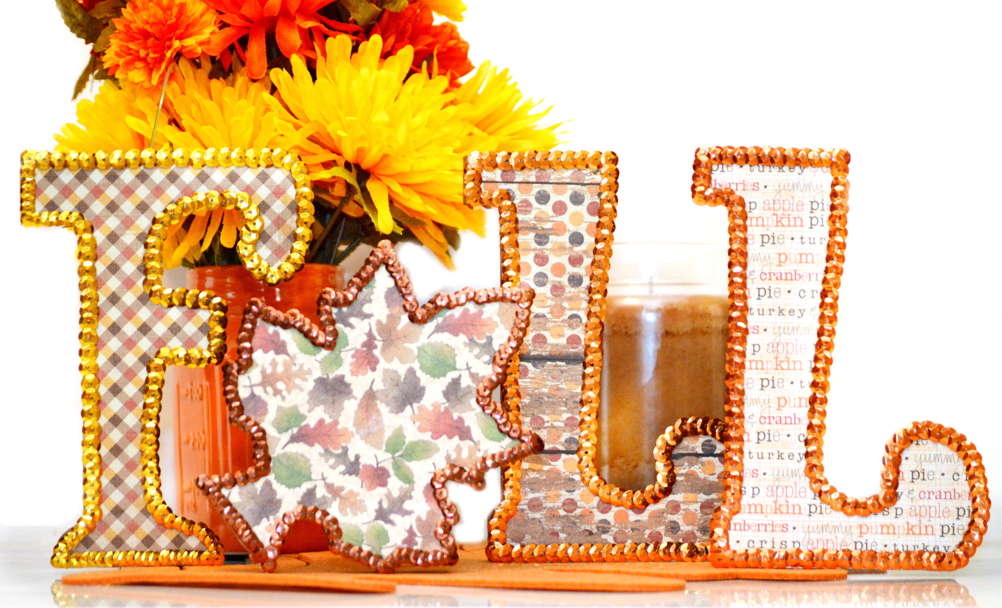 Welcome the arrival of autumn with some shimmer and shine! Sequined Fall Wood Letters are a great addition to your autumn tabletop decor. At littlemisscelebration.com